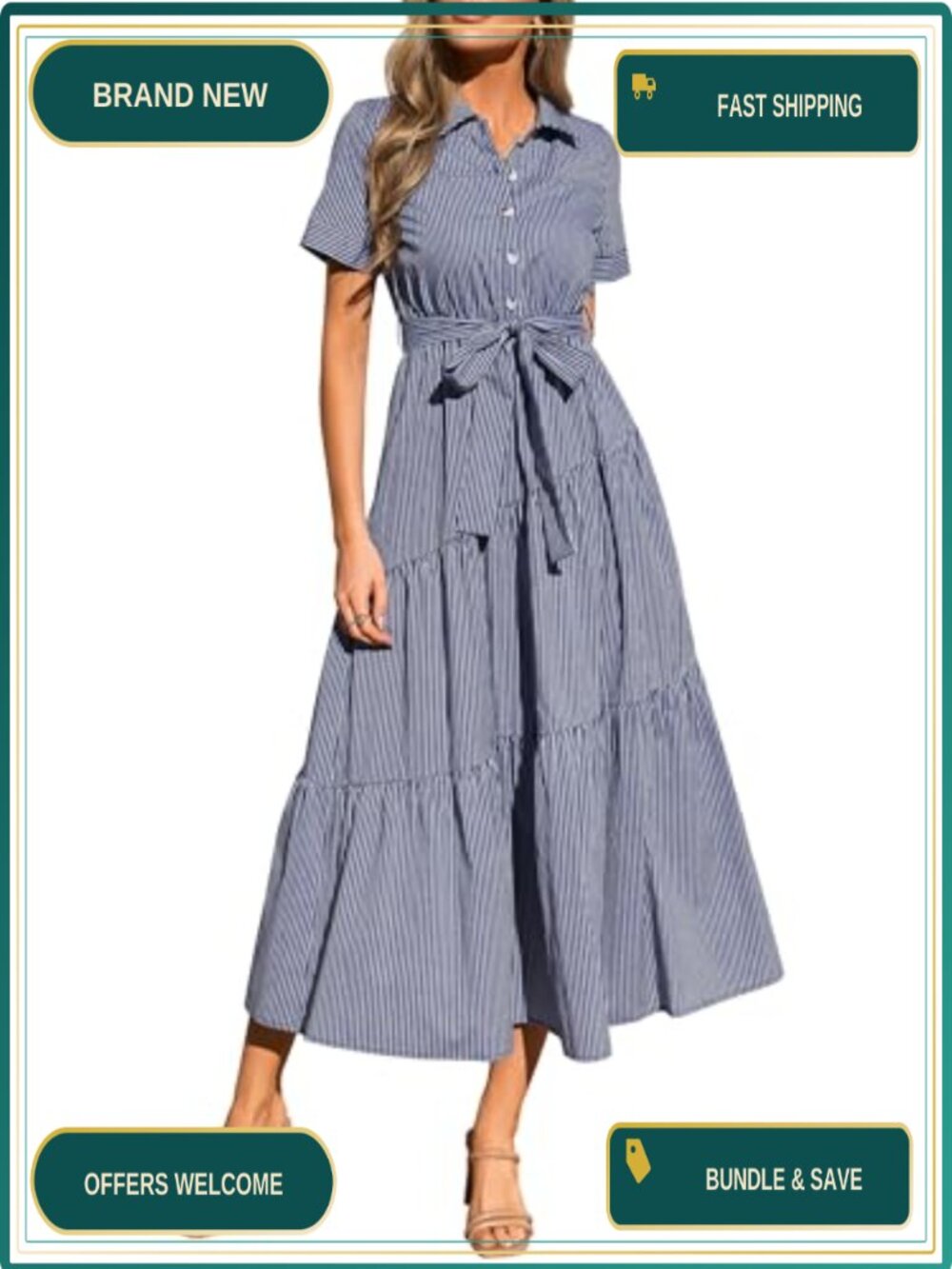 Striped Button Up Maxi Shirt Dress with Ruffle Hem and Belt